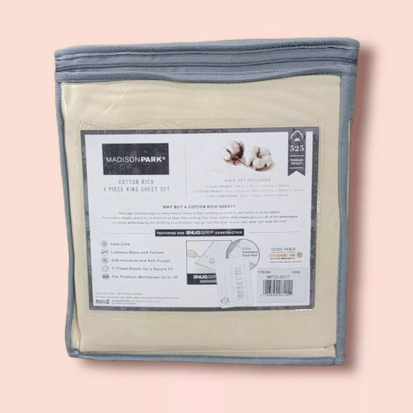 Madison Park 525 Thread Count Cotton Rich 4-Pc. Sheet Set  ⚡️Madison Park 4 Pc Cotton Rich King Sheet Set 525 Thread count